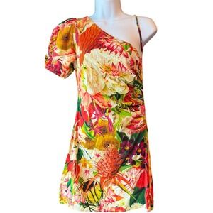 Carolina K One Shoulder Tropical Floral Mini Dress Puff Sleeve Cotton‎ Blend S